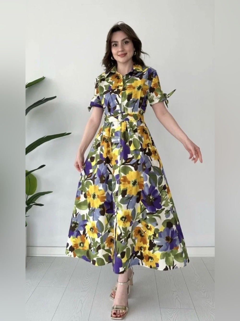 ZARA BELTED FLORAL PRINTED POPLIN MIDI SHIRT DRESS in Crème,Yellow, Blue & Green - Picture 1 of 6